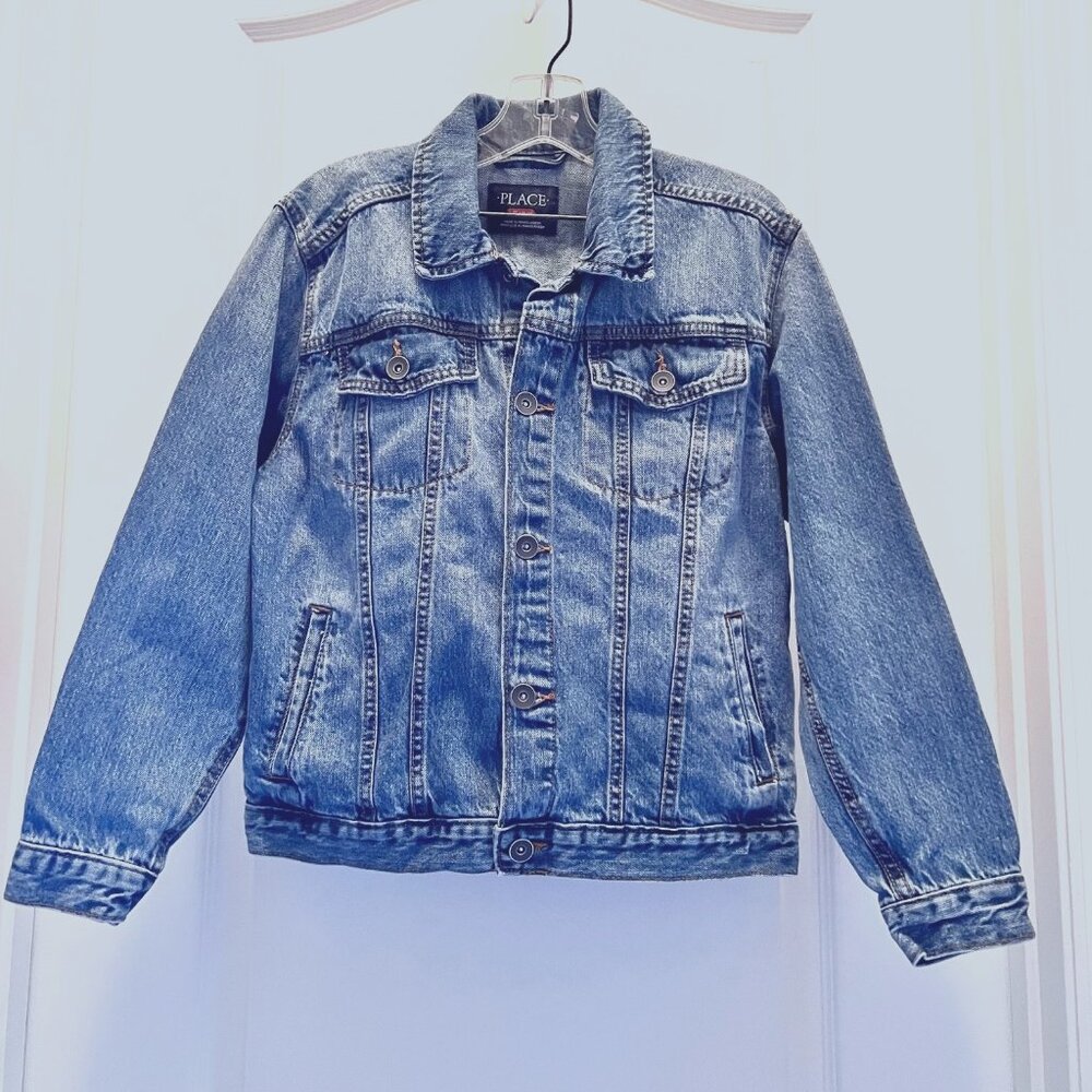 Place Girls Large (10-12)-Distressed Blue Jean/Denim Jacket-Button Up-Pockets